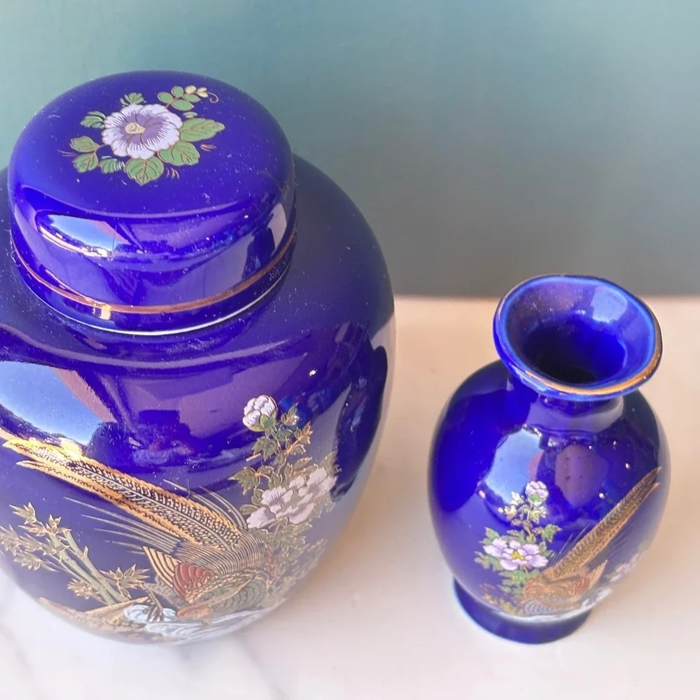 Vintage Cobalt Blue Peacock Ginger Jar and Bud Vase Set Gold Accents Chinoiserie